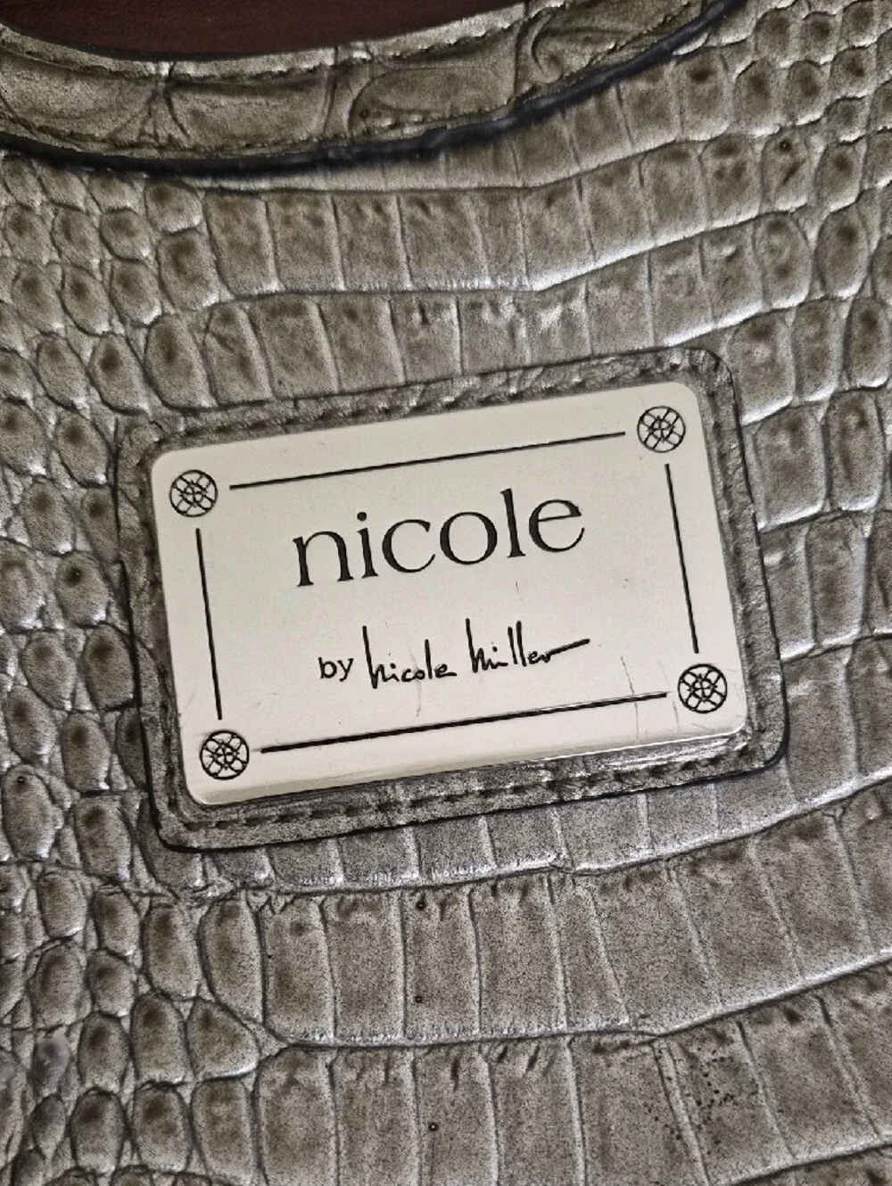 Nicole by Nicole Miller Metallic Silver Croc-Embossed Frame Clutch
